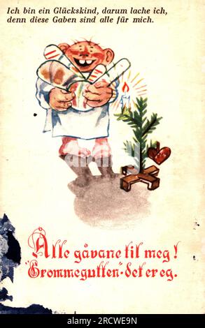 Noël, carte de voeux, petit garçon avec cadeaux, carte postale, Enerett Thraps Forlag, Norvège, LE DROIT D'AUTEUR N'A PAS À ÊTRE EFFACÉ Banque D'Images