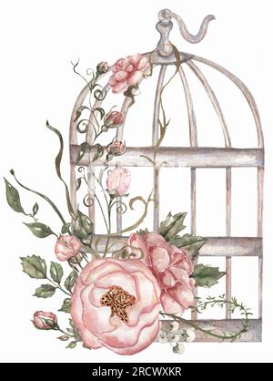 Cage d'oiseau vintage rouillée peinte à la main avec bouquet de fleurs roses roses et branche de feuilles vertes. Illustration de style provençal. Carte de désherbage inv Banque D'Images