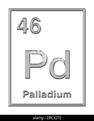 Palladium, élément chimique, tiré du tableau périodique, avec forme en relief. Métal noble et précieux dont le symbole chimique est PD et le numéro atomique 46. Banque D'Images