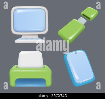 Gadgets informatiques. Appareils de haute technologie dans le style de bande dessinée plasticine smartphones tablettes consoles de jeux pc icônes vectorielles décentes ensemble Illustration de Vecteur