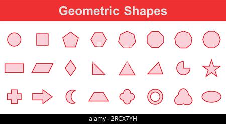 Ensemble de formes géométriques 2D en mathématiques. Cercle, carré, pentagone, hexagone, heptagone, octagon, décagon, parallélogramme, kite, triangle, pic, croissant, flèche Illustration de Vecteur