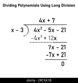 Diviser les expressions polynomiales en mathématiques. Division longue des polynômes. Ressources mathématiques pour les enseignants. Division, quotient, dividende et reste. Illustration de Vecteur