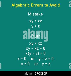 Erreurs mathématiques problèmes et solutions. Erreurs algèbres à éviter en mathématiques. Erreurs courantes en maths. Erreurs d'algèbre communes avec résolution. Illustration de Vecteur