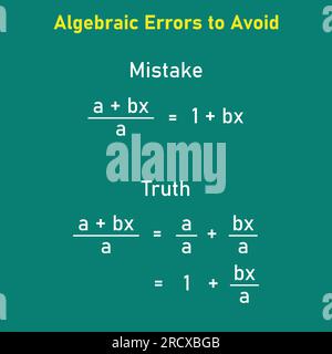 Erreurs mathématiques problèmes et solutions. Erreurs algèbres à éviter en mathématiques. Erreurs courantes en maths. Erreurs d'algèbre communes avec résolution. Illustration de Vecteur