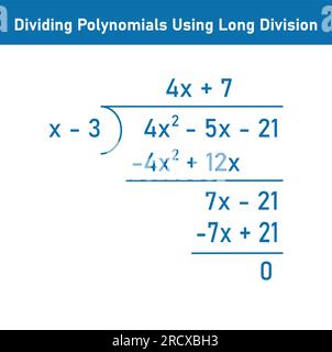 Diviser les expressions polynomiales en mathématiques. Division longue des polynômes. Ressources mathématiques pour les enseignants. Division, quotient, dividende et reste. Illustration de Vecteur