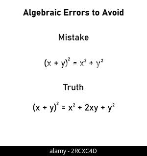 Erreurs mathématiques problèmes et solutions. Erreurs algèbres à éviter en mathématiques. Erreurs courantes en maths. Erreurs d'algèbre communes avec résolution. Illustration de Vecteur