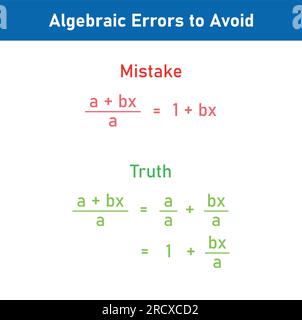 Erreurs mathématiques problèmes et solutions. Erreurs algèbres à éviter en mathématiques. Erreurs courantes en maths. Erreurs d'algèbre communes avec résolution. Illustration de Vecteur