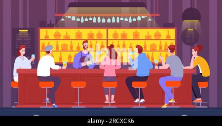 Les gens au comptoir du bar. Amis se réunissant dans le pub, les gars parlent barman boire de la bière boissons alcoolisées, entreprise bavarder se détendre sur la chaise café vie nocturne intérieur, splendide illustration vectorielle de comptoir de café de bière Illustration de Vecteur