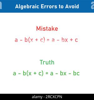Erreurs mathématiques problèmes et solutions. Erreurs algèbres à éviter en mathématiques. Erreurs courantes en maths. Erreurs d'algèbre communes avec résolution. Illustration de Vecteur