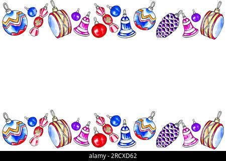 cadre horizontal aquarelle avec des éléments festifs, dessin à la main illustration ronde de jouets colorés d'arbre de noël, cloche, seets, tambour pour la nouvelle année, christ Banque D'Images