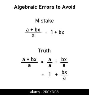 Erreurs mathématiques problèmes et solutions. Erreurs algèbres à éviter en mathématiques. Erreurs courantes en maths. Erreurs d'algèbre communes avec résolution. Illustration de Vecteur