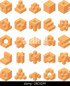 Cubes isométriques en bois. Bloc miniature cube constructeur en bois pour la construction de forme, jeux mathématiques pour enfants jouets d'éducation pour enfants apprentissage du nombre et de la logique, illustration vectorielle de cube en bois isolé Illustration de Vecteur