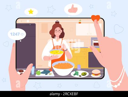 Blog de cuisine. Mains tenant la tablette cuisson vidéo de traitement ou émission de télévision culinaire, préparation des aliments tutoriel en ligne apprentissage de recette Internet cuisine virtuelle, splendide illustration vectorielle Illustration de Vecteur