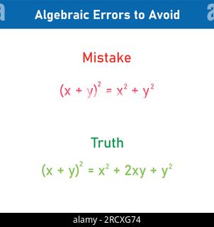 Erreurs mathématiques problèmes et solutions. Erreurs algèbres à éviter en mathématiques. Erreurs courantes en maths. Erreurs d'algèbre communes avec résolution. Illustration de Vecteur