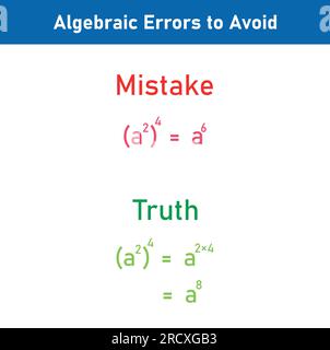 Erreurs mathématiques problèmes et solutions. Erreurs algèbres à éviter en mathématiques. Erreurs courantes en maths. Erreurs d'algèbre communes avec résolution. Illustration de Vecteur