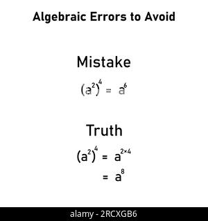 Erreurs mathématiques problèmes et solutions. Erreurs algèbres à éviter en mathématiques. Erreurs courantes en maths. Erreurs d'algèbre communes avec résolution. Illustration de Vecteur