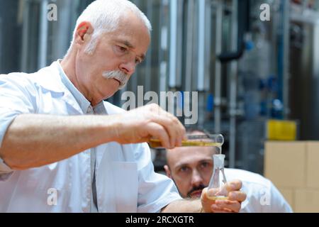 les ouvriers de brasserie vérifient le processus de fermentation Banque D'Images