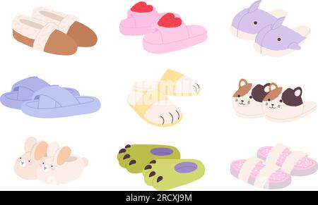 Pantoufles de dessin animé à la maison pour les enfants et les adultes. Pantoufle moelleuse, chaussures d'hiver pour la maison. Collection vectorielle racée de chaussures de chambre chaude et confortable Illustration de Vecteur