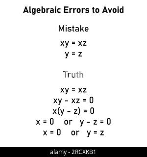 Erreurs mathématiques problèmes et solutions. Erreurs algèbres à éviter en mathématiques. Erreurs courantes en maths. Erreurs d'algèbre communes avec résolution. Illustration de Vecteur