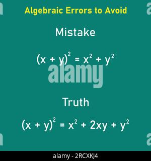 Erreurs mathématiques problèmes et solutions. Erreurs algèbres à éviter en mathématiques. Erreurs courantes en maths. Erreurs d'algèbre communes avec résolution. Illustration de Vecteur