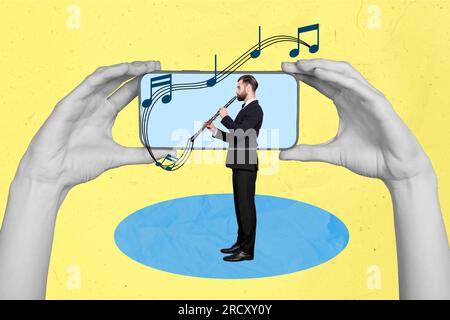 Affiche 3d collage image de bannière de gars talentueux jouant de la flûte exécutant concert vidéo de chanson sonore en ligne isolé sur fond créatif Banque D'Images