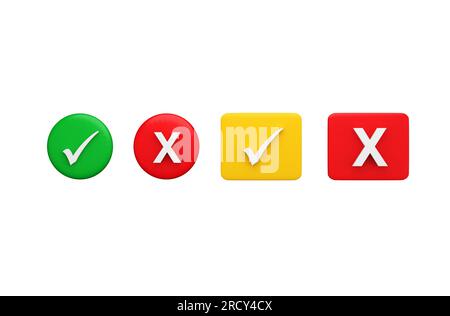 Symboles de croix et de coche sur les boutons ronds circulaires et rectangulaires carrés isolés sur fond blanc. Oui ou pas de choix. Décision de vote. CA Banque D'Images