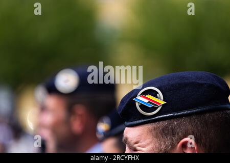 17 juillet 2023, Bade-Württemberg, Müllheim : soldats allemands et français debout sur le terrain de parade de la caserne Robert Schuman. En raison de sa structure binationale, le commandement de la Brigade franco-allemande tourne entre la France et l'Allemagne tous les deux ans. Le commandant de brigade français passe maintenant le commandement à son successeur allemand. Dans le même temps, le poste de commandant adjoint de brigade est également transféré. Photo : Philipp von Ditfurth/dpa Banque D'Images