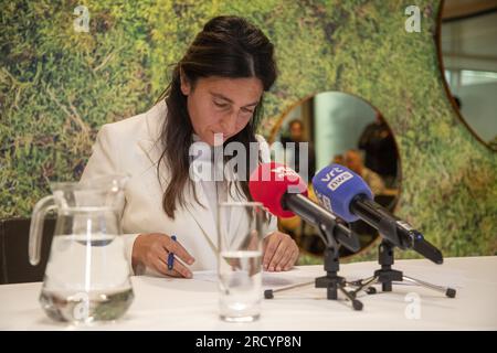 Bruxelles, Belgique. 17 juillet 2023. Le ministre flamand de l'Environnement, de l'Energie, du Tourisme et de la Justice Zuhal Demir photographié lors d'une conférence de presse sur l'absence de la première approbation principale du projet de décret sur l'azote au sein du gouvernement flamand à Bruxelles, lundi 17 juillet 2023. Le gouvernement débat actuellement d'un accord sur le dossier azote et le plan stratégique de la politique agricole commune (PAC). BELGA PHOTO JAMES ARTHUR GEKIERE crédit : Belga News Agency/Alamy Live News Banque D'Images