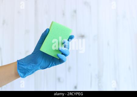 Éponge pour laver la vaisselle dans une main féminine sur un fond de bois clair. Une main dans un gant en latex tient une éponge verte pour le nettoyage humide. Cercle professionnel Banque D'Images