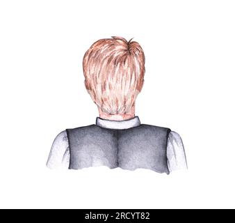 Homme dans un dos de veste avec les cheveux blonds. Silhouette aquarelle du marié sur fond blanc. Illustration pour cartes postales de mariage, logo, invitations, etc Banque D'Images