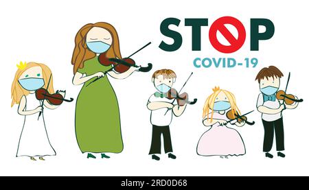 Covid 19, coronovirus, professeur et jeunes enfants violonistes jouent du violon sur fond blanc, vecteur, illustration, cours de musique, dire stop cor Banque D'Images