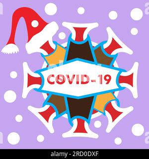 icône avec coronavirus dans un masque avec chapeau du père noël, covid -19, virus, illustration sur fond lilas Banque D'Images