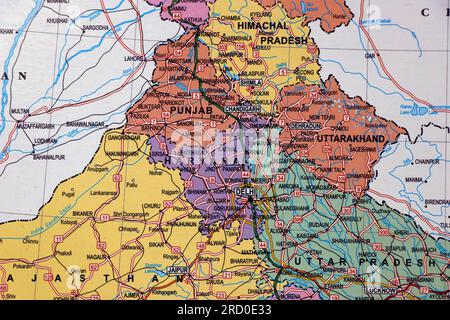 carte de l'inde du nord avec frontières de l'état, delhi, punjab, haryana en gros plan Banque D'Images