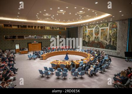 New York, États-Unis. 17 juillet 2023. Annalena Baerbock (Bündnis 90/Die Grünen, l, 4e de front), ministre des Affaires étrangères, assiste à la réunion du Conseil de sécurité de l'ONU sur l'Ukraine. Crédit : Michael Kappeler/dpa/Alamy Live News Banque D'Images