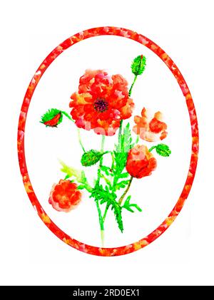 bouquet aquarelle de coquelicots rouges dans un cadre ovale. illustration à l'aquarelle Banque D'Images