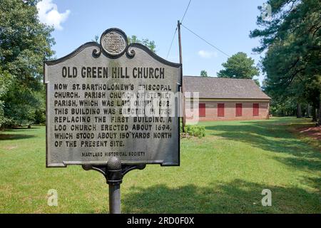 Marqueur historique d'état. À l'origine connue sous le nom d'Old Green Hill Church, St. L'église épiscopale de Bartholomew est située près de Quantico, Maryland USA. Banque D'Images