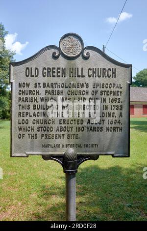 Marqueur historique d'état. À l'origine connue sous le nom d'Old Green Hill Church, St. L'église épiscopale de Bartholomew est située près de Quantico, Maryland USA. Banque D'Images