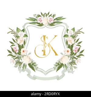 Monogramme du logo de l'écusson de mariage initial SK, KS. Écusson de mariage avec des feuilles d'eucalyptus, des fleurs roses, crème et blanches. Illustration de Vecteur