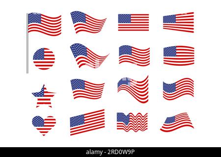 Perspective d'onde de drapeau américain, forme de cercle et de coeur, ensemble vectoriel de drapeaux nationaux des États-Unis Illustration de Vecteur