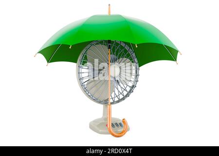 Ventilateur de table sous parasol. Rendu 3D isolé sur fond blanc Banque D'Images