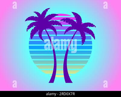Palmiers sur un coucher de soleil style rétro de science-fiction des années 80. Heure d'été. Soleil futuriste. Style Synthwave et Retrowave. Fond dégradé rose et bleu. Conception f Illustration de Vecteur