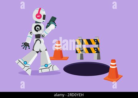 Personnage plat de dessin robot écouter de la musique avec casque et regarder smartphone, n'a pas vu le trou d'homme. Organisme cybernétique robot humanoïde. Futur ROBO Banque D'Images