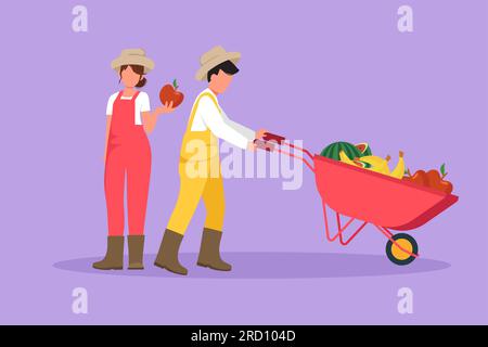 Dessin de style plat de dessin animé couple agriculteurs ou jardiniers. Homme poussant la brouette pleine de fruits, femme tenant la pomme. Produits agricoles biologiques, naturels et Banque D'Images