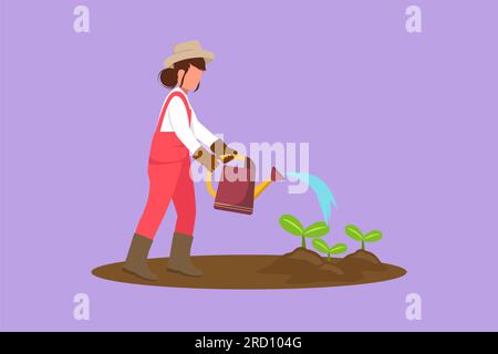 Dessin plat de caractère de femme arrosant les plantes avec une bidon d'eau. Activité agricole de l'agriculteur. Travaillez dans le jardin. Travaux agricoles. Eau de fermière féminine Banque D'Images