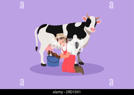 Dessin graphique plat dessinant une agricultrice traire une vache dans le seau. Vaches d'élevage. Ranch ou ferme. Bétail ou bétail. Production de produits laitiers Banque D'Images