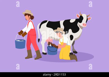 Dessin de conception plate graphique couple agriculteurs traire une vache dans le seau. Vaches d'élevage. Ranch ou ferme. Bétail ou bétail. Production de produits laitiers Banque D'Images