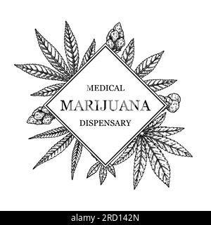 Monture de cannabis médical. Conception de plante de marijuana pour modèle de logo, emballage, messages sur les médias sociaux. Illustration vectorielle de légalisation médicinale en croquis Illustration de Vecteur