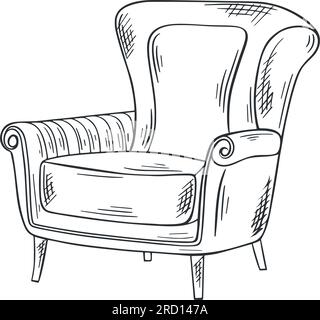 Fauteuil simple pour croquis d'encre de salon. Meubles rembourrés noirs dessinés à la main gravés. Chaise de loisirs, illustration vectorielle isolée Illustration de Vecteur