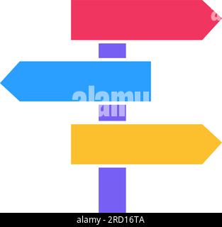 Signes de flèches en bois, marques de direction de la route de mouvement. Désignation de l'itinéraire sur la carte du voyageur. Panneaux touristiques routiers sur un poteau vertical. Simple couleur fl Illustration de Vecteur