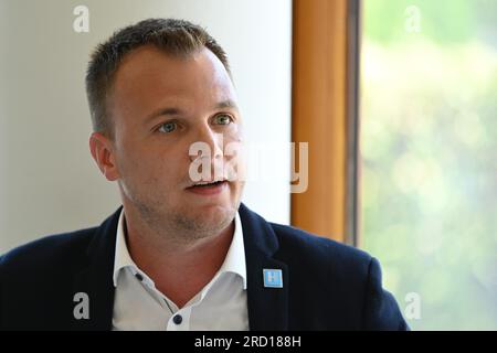 Kassel, Germany. 12th July, 2023. Kai Mentel, Managing Director of the Hübner Group speaks to media representatives. The Hübner Group from Kassel in northern Hesse is completing the refurbishment of the crossovers for Deutsche Bahn's entire ICE 3 fleet. (To dpa: 'Freshening up: Modernization of the ICE 3 fleet nearing completion') Credit: Swen Pförtner/dpa/Alamy Live News Stock Photo